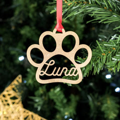 Personalized Pet Paw Print Ornament | Custom Wooden Name