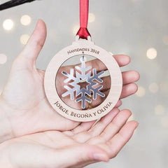 Personalized Snowflake Ornament with Wooden Frame & Dangling Charm