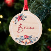 Personalized Wooden Christmas Ornament | Rustic Watercolor Bells